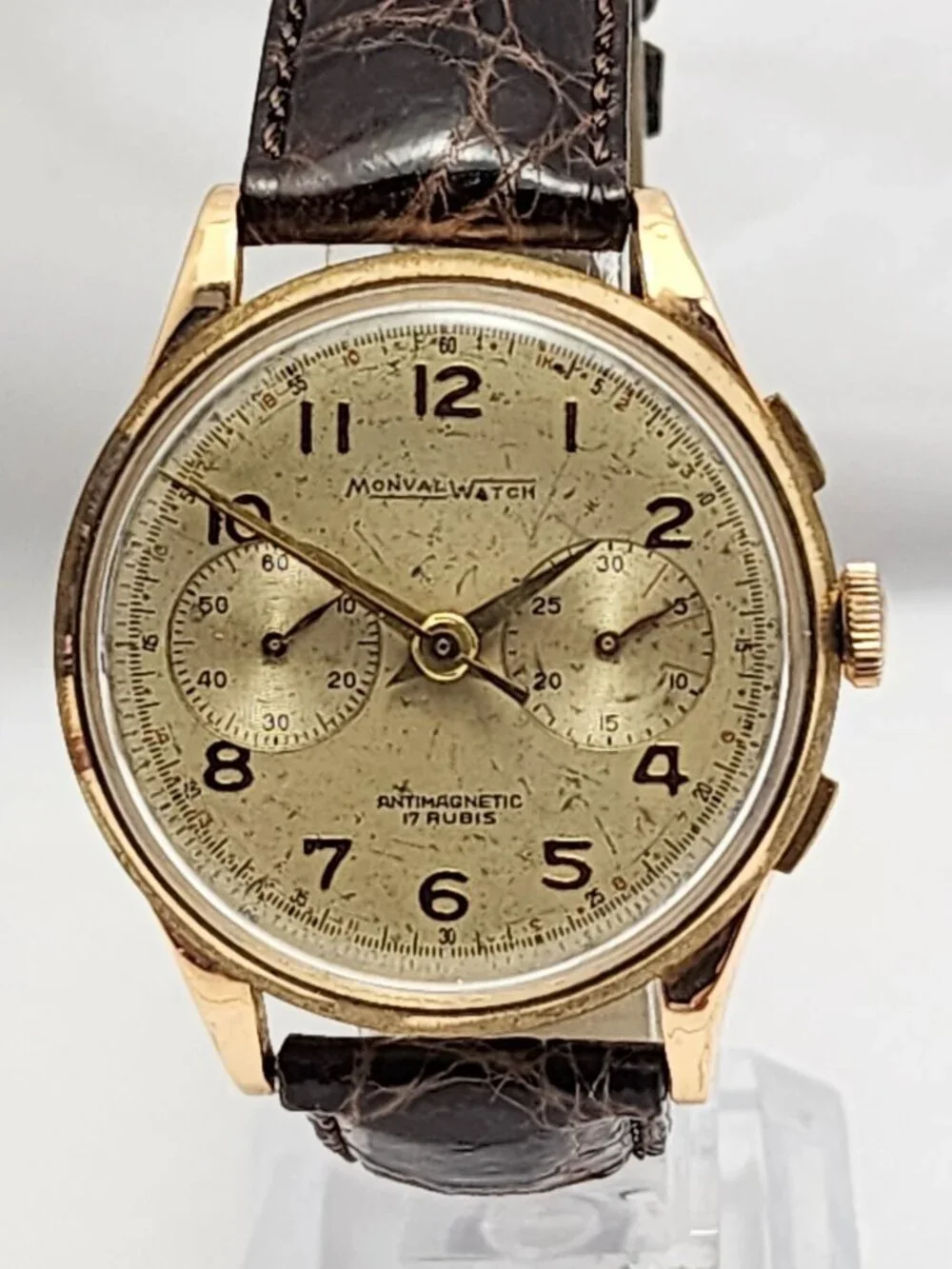 Vintage Monval 18K Rose Gold 37mm 17J Antimagnetic Chronograph Swiss Watch